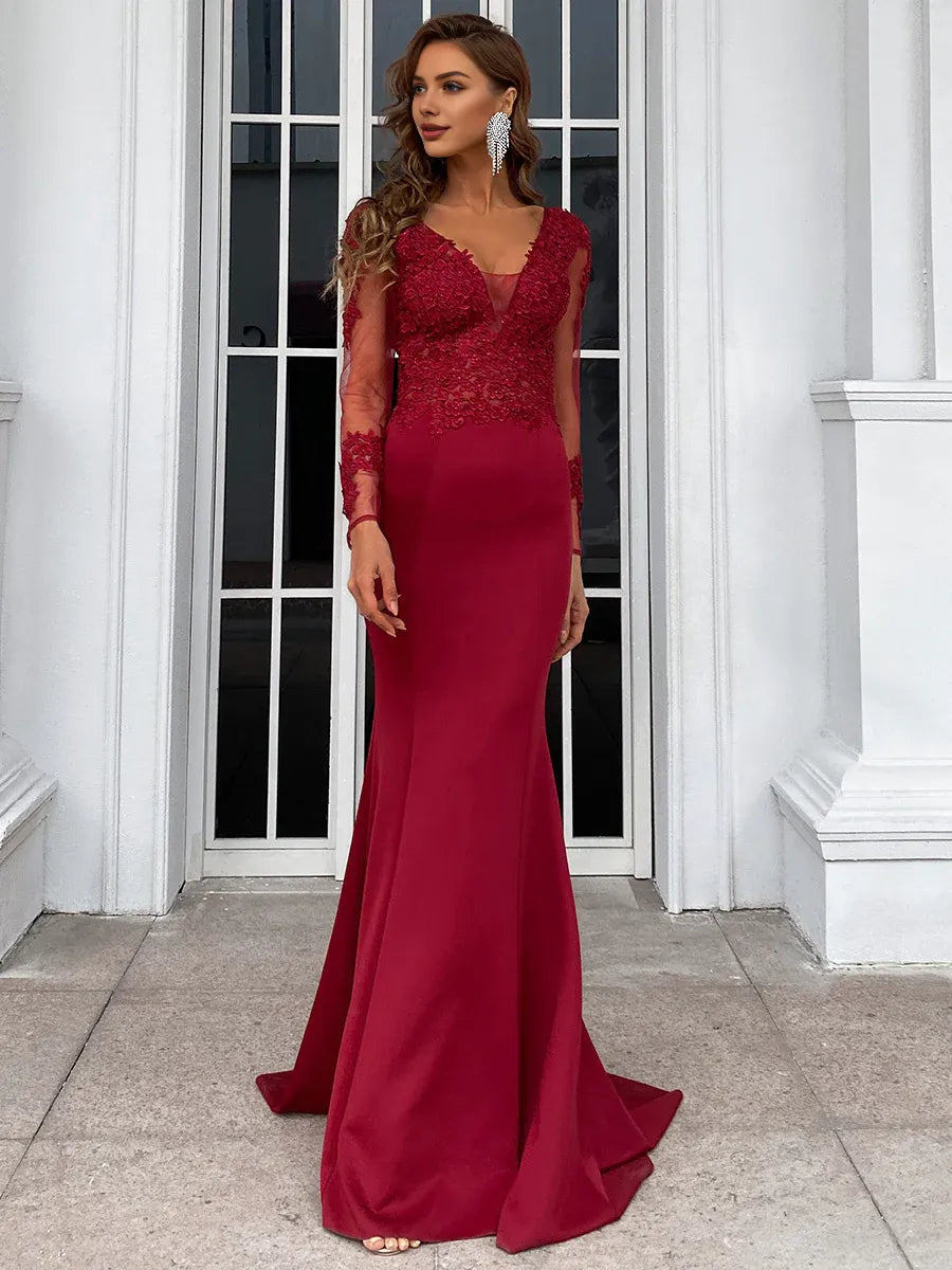 Elegant Mermaid V Neck Long Sleeve Zipper Up Sweep/Brush Train Prom Dress